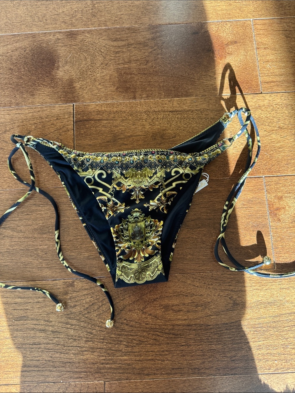 Camilla Shadows of Armada Black and Gold Baroque Tie-Side Bikini Bottom